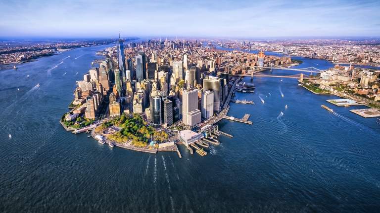 Aerial image of Lower Manhattan, NYC, East River, Hudson River, Manhattan