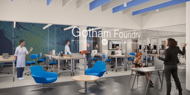 A modern, open lab space named Gotham Foundry with people working at desks and tables, some in lab coats. The setting is bright, with large windows, blue chairs, and collaborative work areas.