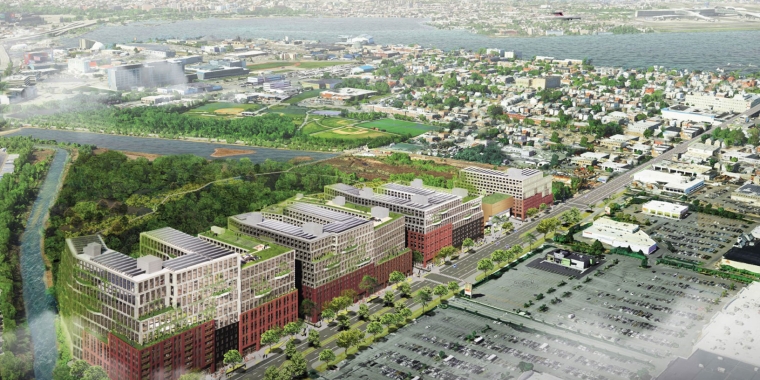 Aerial rendering of Flushing Airport Development by S9 Architecture, featuring modern, rooftop garden-covered buildings in the foreground, green spaces and trees, residential neighborhoods, a river, and a distant New York City skyline under a cloudy sky.