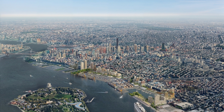 Aerial rendering of Brooklyn Marine Terminal, with skyline view of NYC and the East River.