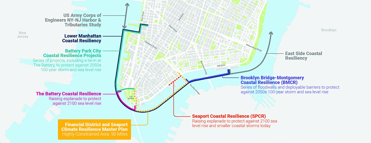 A map of Lower Manhattan showing different coastal resilience projects, with colored lines marking areas for flood protection and labels for key projects and their goals in response to future sea level rise.