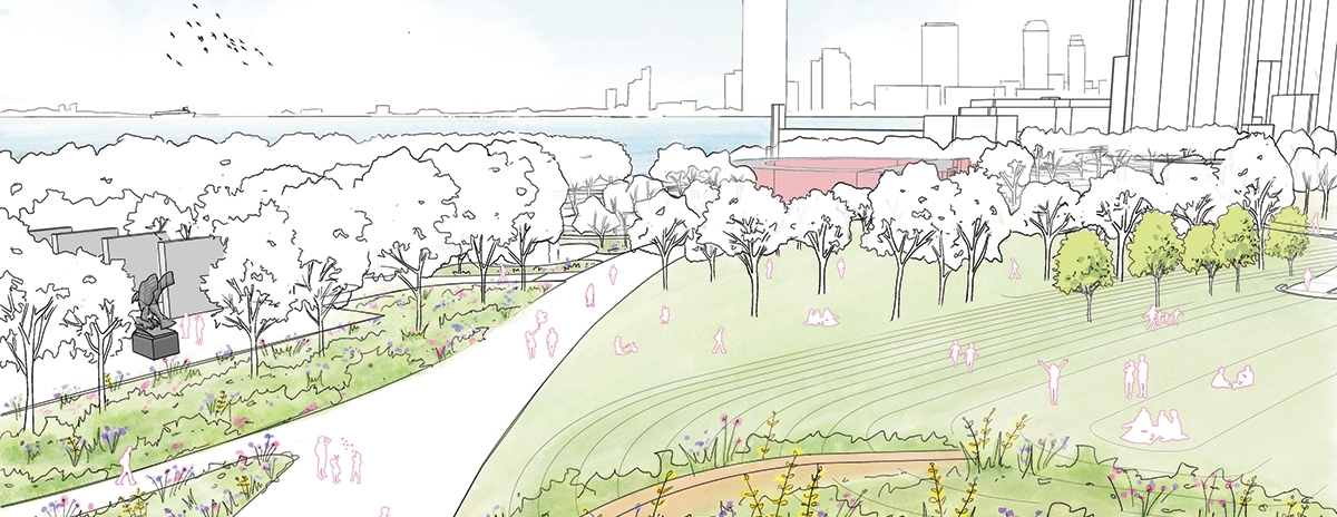 Illustration of a park with winding paths, grassy areas, trees, and scattered people relaxing. A city skyline and water are visible in the background under a pale sky.